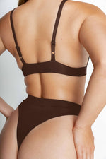 back look of model wearing kahlo lounge chocolate swimwear 